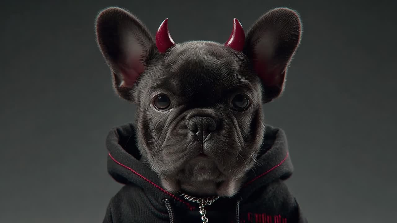 A Cute French Bulldog with Devilish Horns and a Hoodie Exhibiting an Adorable Yet Mischievous Expression, Perfect for a Quirky Pet Fashion Showcase