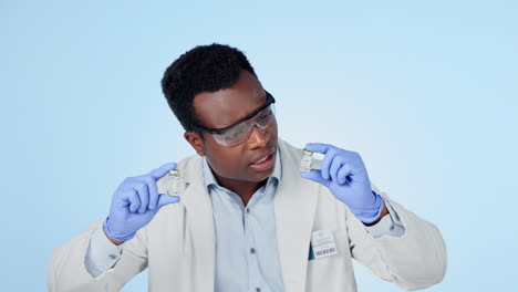 science, man and liquid in studio with decision