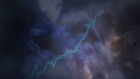 animation of lightning, smoke and graph over world map and data processing on dark background