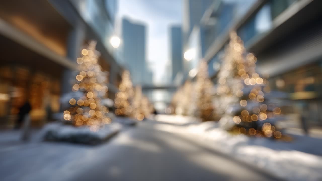 A Beautiful Winter Scene Featuring Elegant Christmas Trees Illuminated with Warm Lights in a Snowy Urban Landscape, Captured in a Soft Focus Style