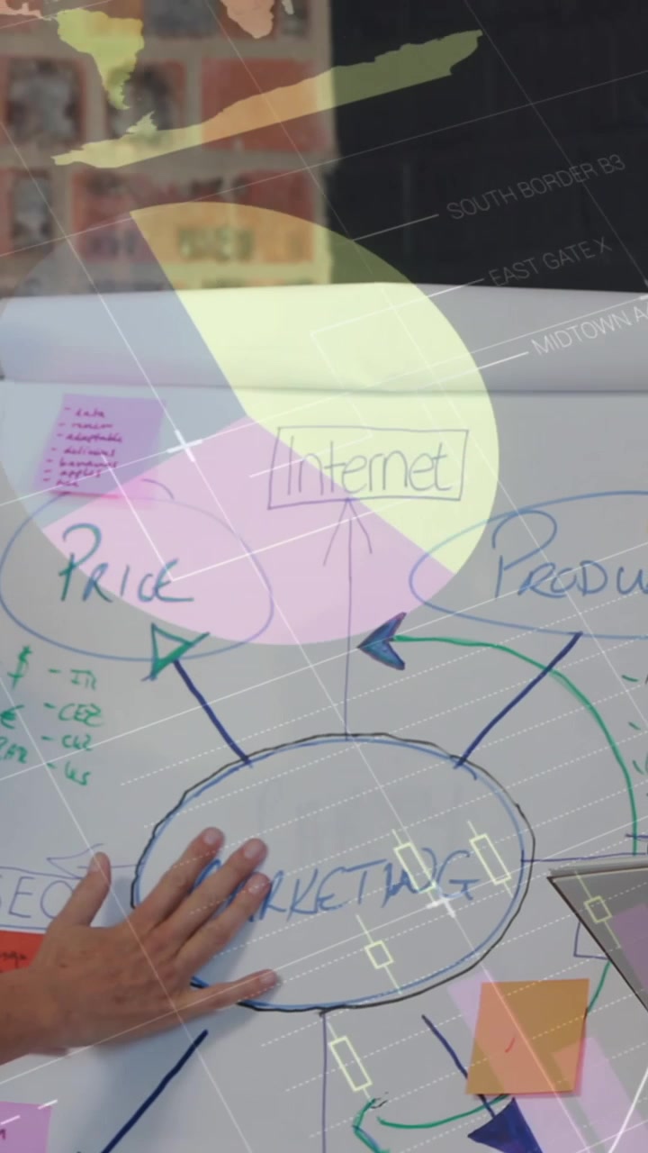 Animation of data processing over diverse business people discussing work