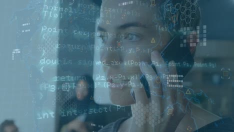 animation of data processing over businesswoman using interactive screen