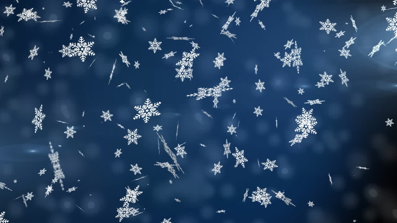 animación digital de copos de nieve que caen contra puntos de luz sobre un fondo azul