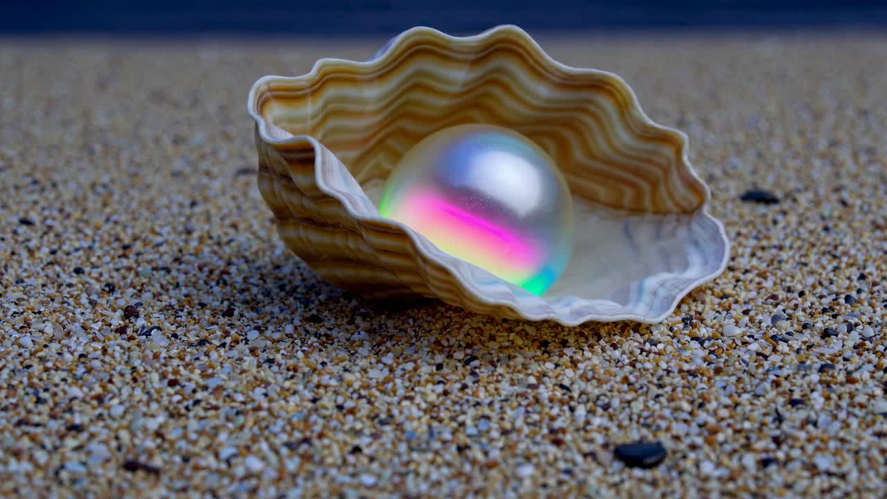 Rainbow Pearl in Seashell on the Beach