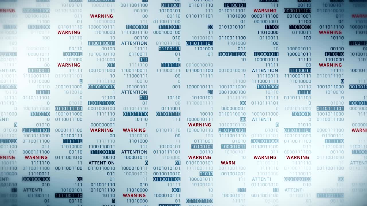 mensaje de advertencia y atención con números binarios. web en línea con animación de bucle de tecnología digital. concepto de error de problema de red informática.