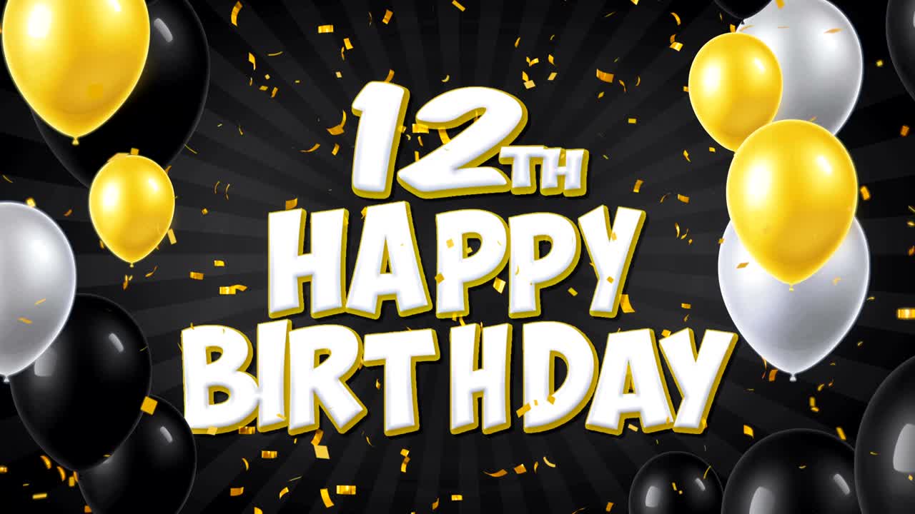 12o cumpleaños feliz texto negro con confeti dorado cayendo y partículas de brillo, coloridos globos voladores animación de bucle sin fisuras para saludo de regalo, tarjeta de invitación, fiesta, celebración, festival.