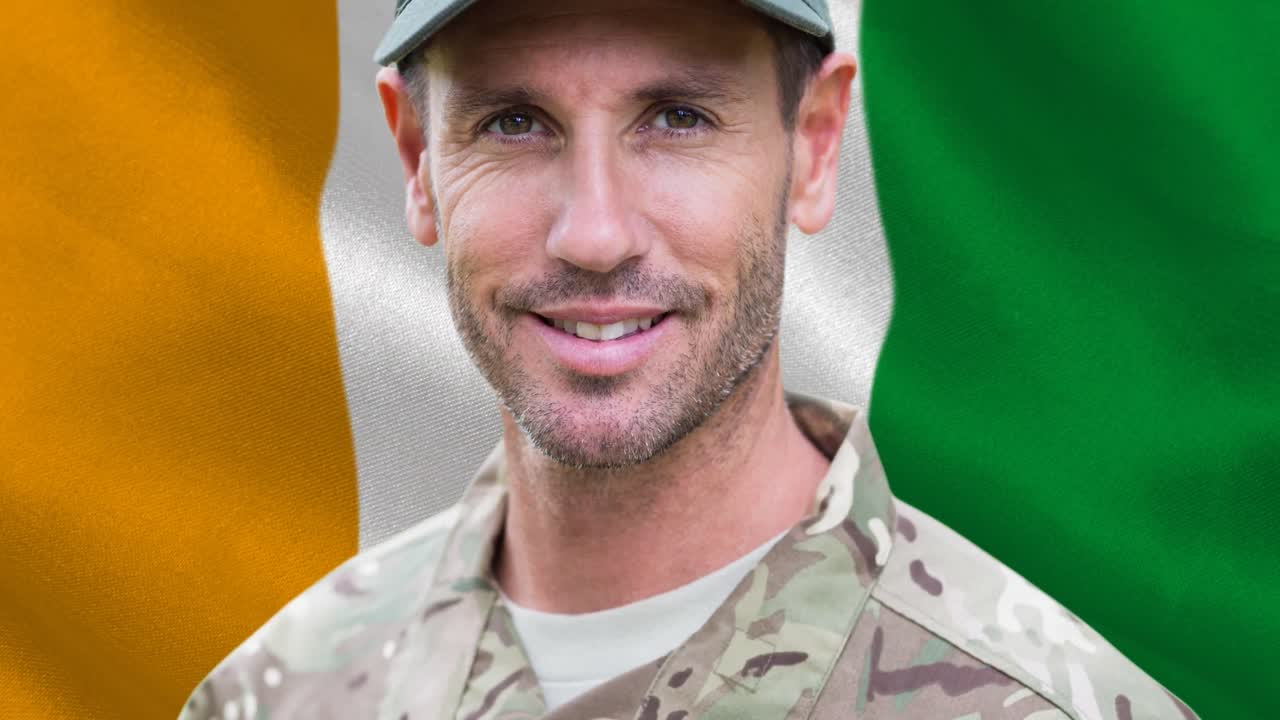 Animasjon av tekst for Forsvarets dag og hvit mannlig soldat over flagget til Elfenbenskysten