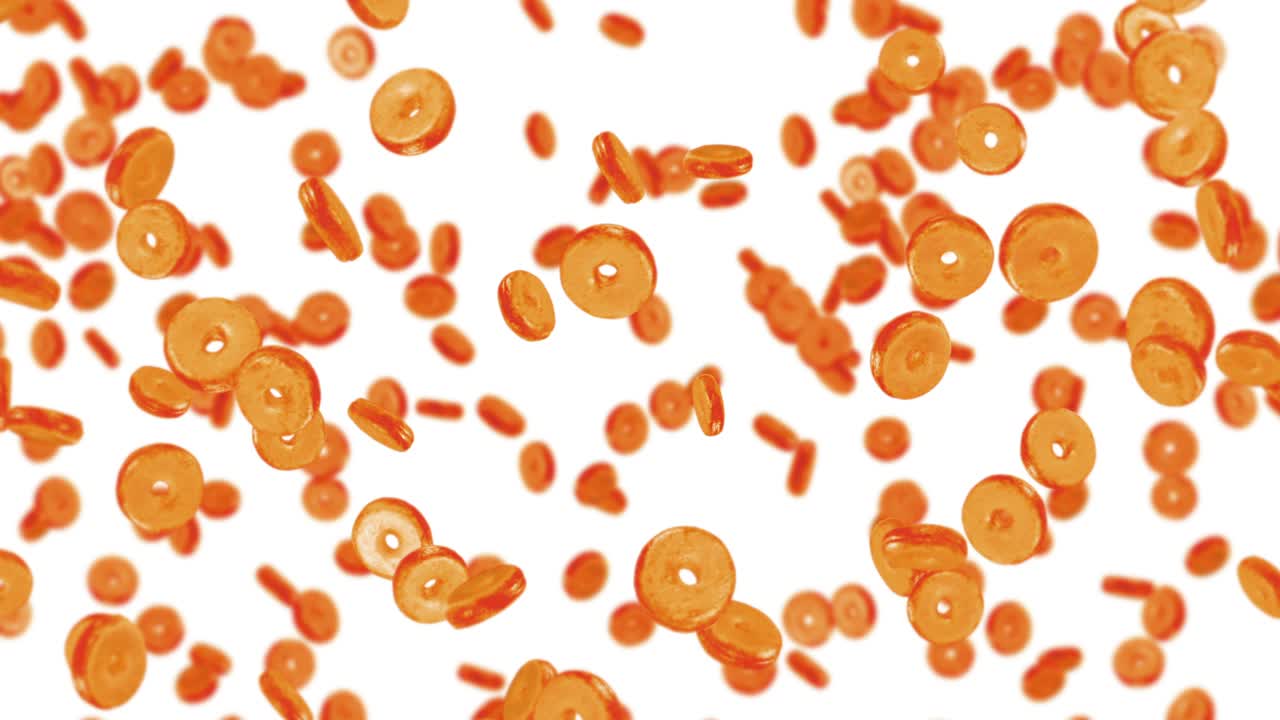 много простых пончиков на белом фоне. пончиковый торт, сладости, десерт. 3d-анимация пончика, вращающегося. циклная анимация.