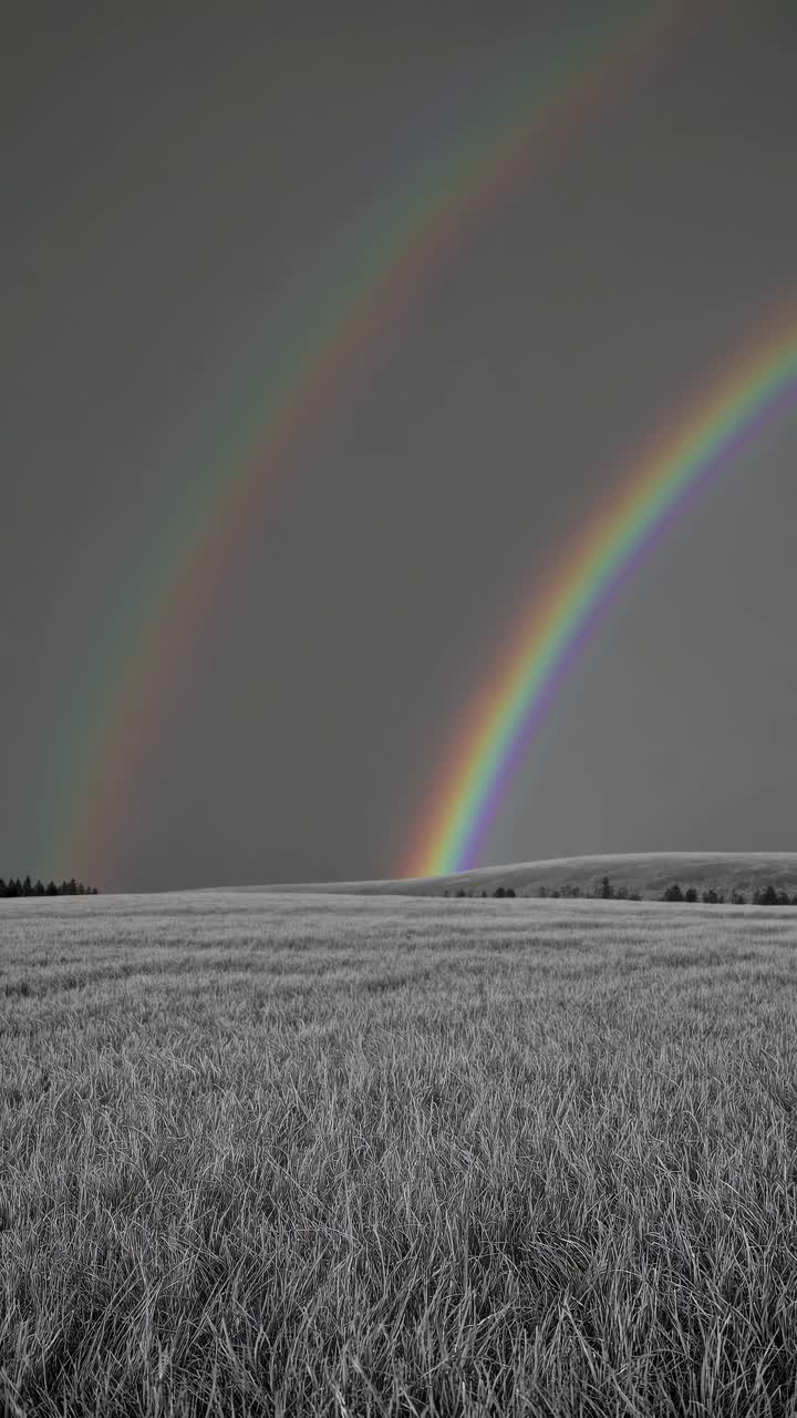 A vibrant double rainbow arcs over a grayscale field, captured from a low-angle perspective