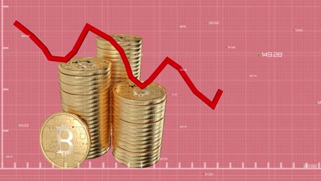 red graph moving over stack of bitcoins against pink background.