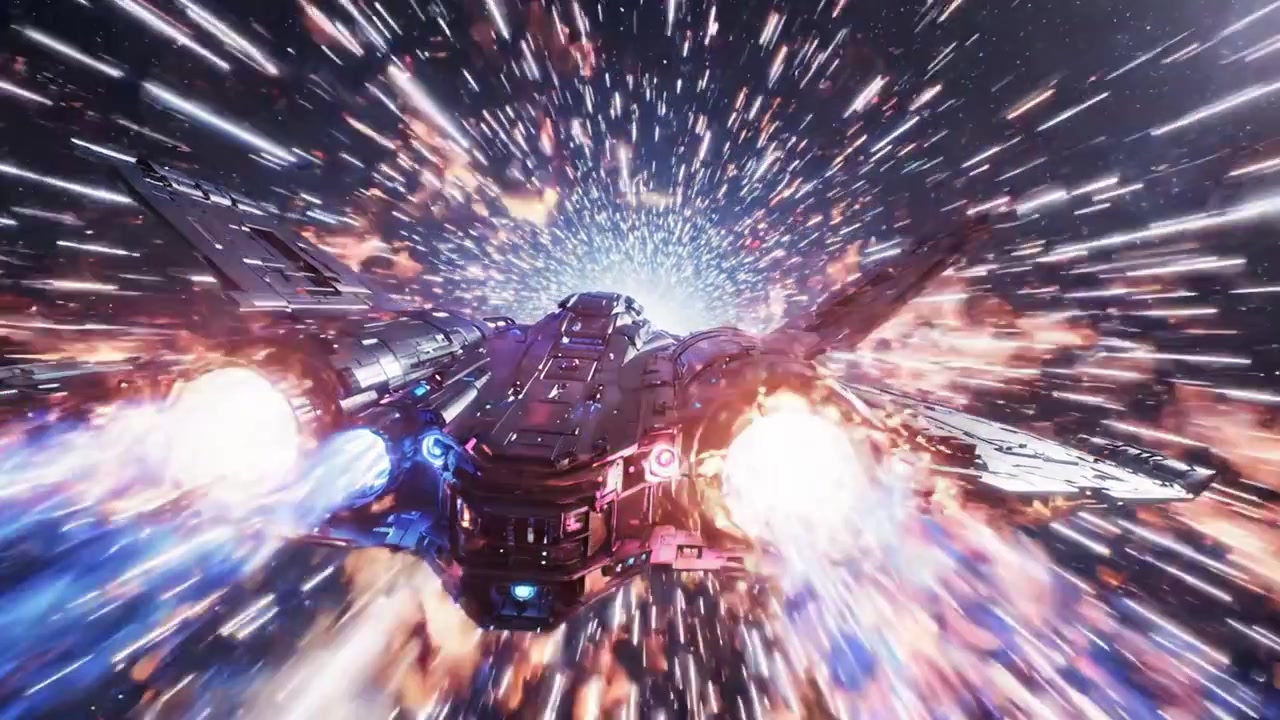 Un'astronave futuristica che naviga attraverso il vortice cosmico di stelle e luce, intraprendendo un viaggio oltre le galassie conosciute in una straordinaria avventura di fantascienza.