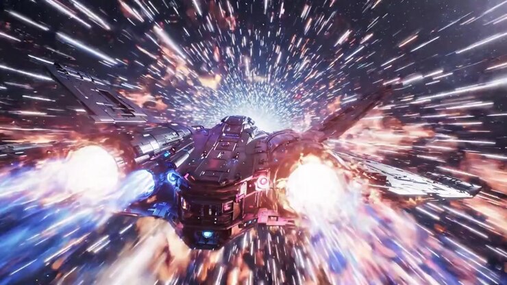 A Futuristic Spaceship Navigating Through the Cosmic Vortex of Stars and Light, Embarking on a Journey Beyond Known Galaxies in a Stunning Sci-Fi Adventure