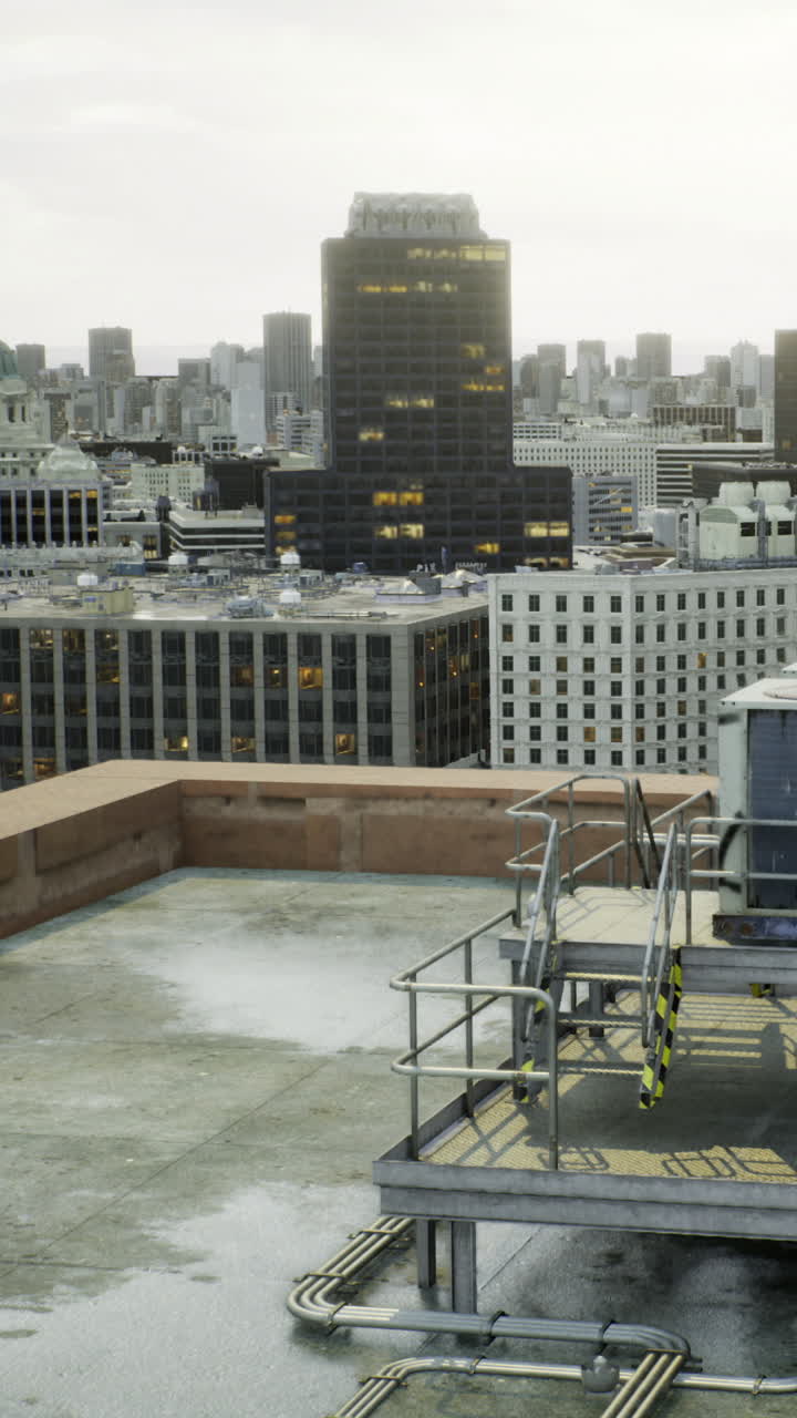 View from a rooftop in a city during the evening hours with buildings in sight