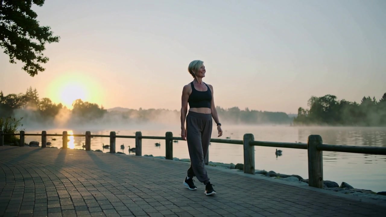 Donna che cammina in abbigliamento sportivo all'alba, percorrendo un sentiero lungo il lago per fare esercizio, controllando l'orologio.