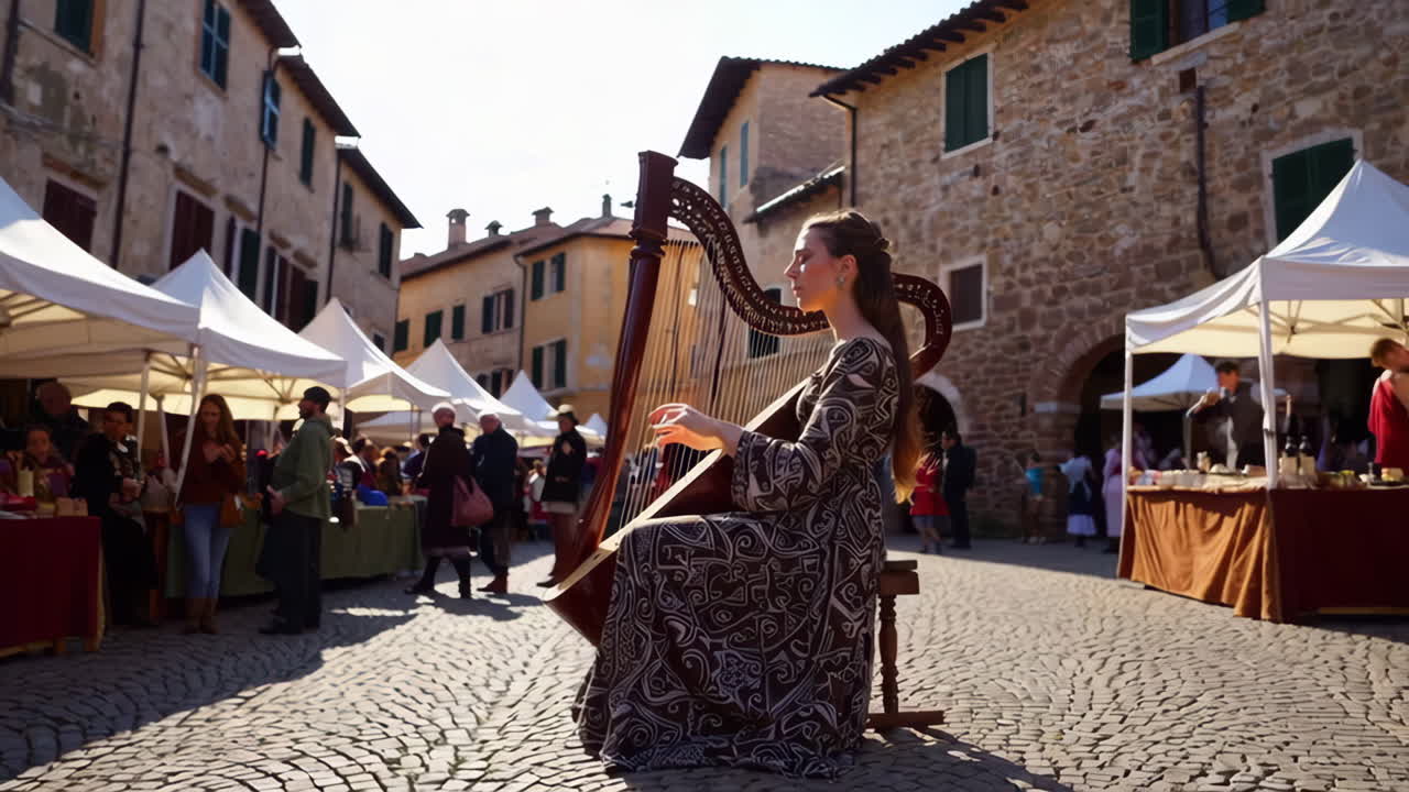 Woman Playing Harp at an Outdoor Festival