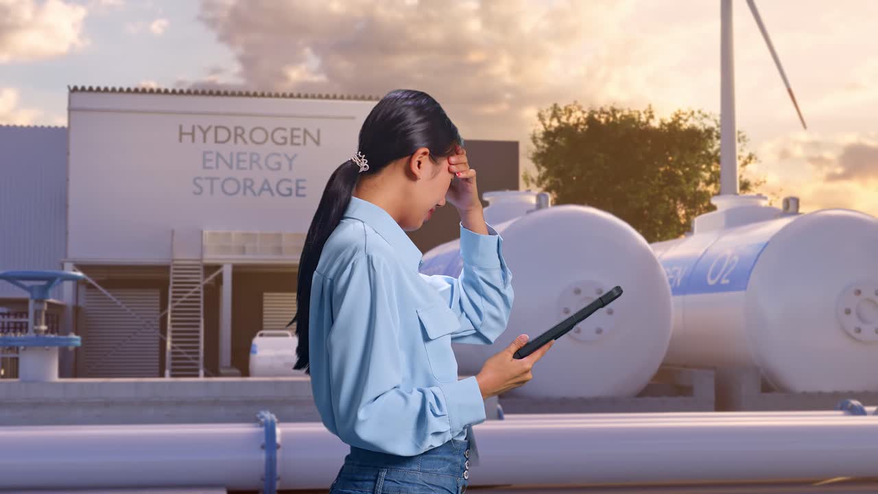 하이테크 산업 시설인 녹색 수소 공장에서 태블릿을 들고 서있는 아시아 여성 직업 노동자의 측면 뷰.