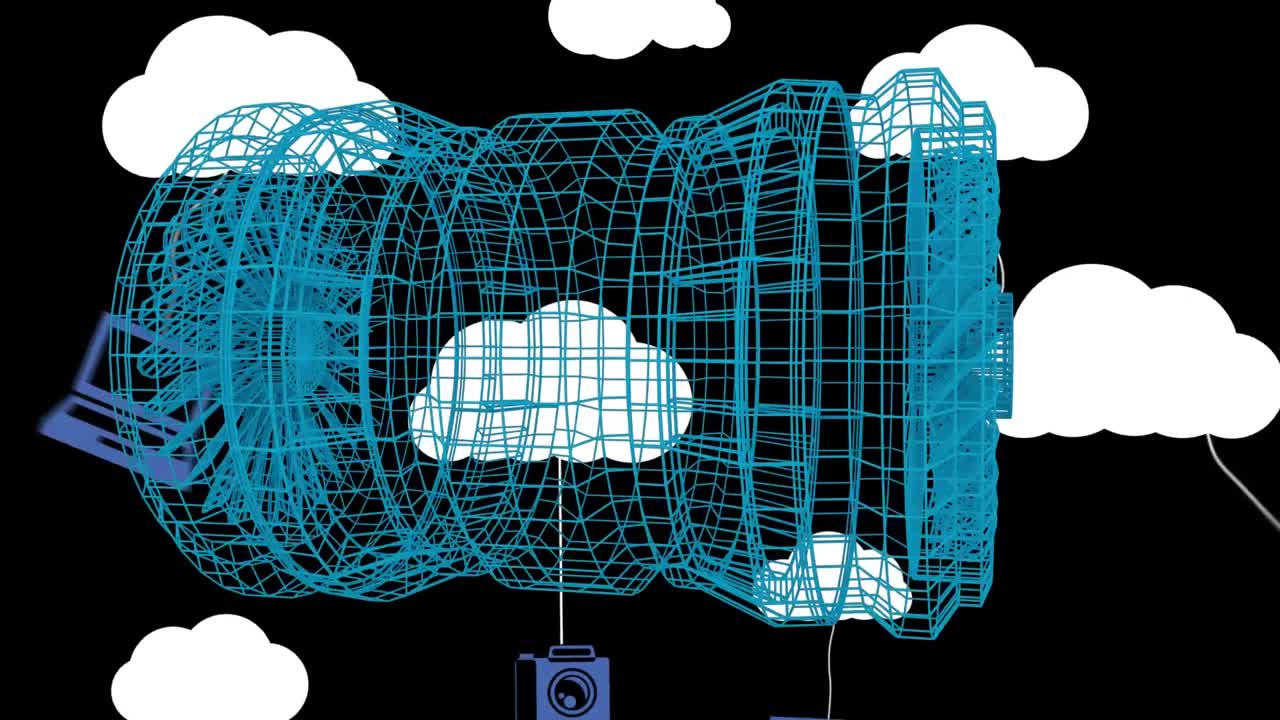 Animation of digital clouds and icons and 3d engine drawing on black background