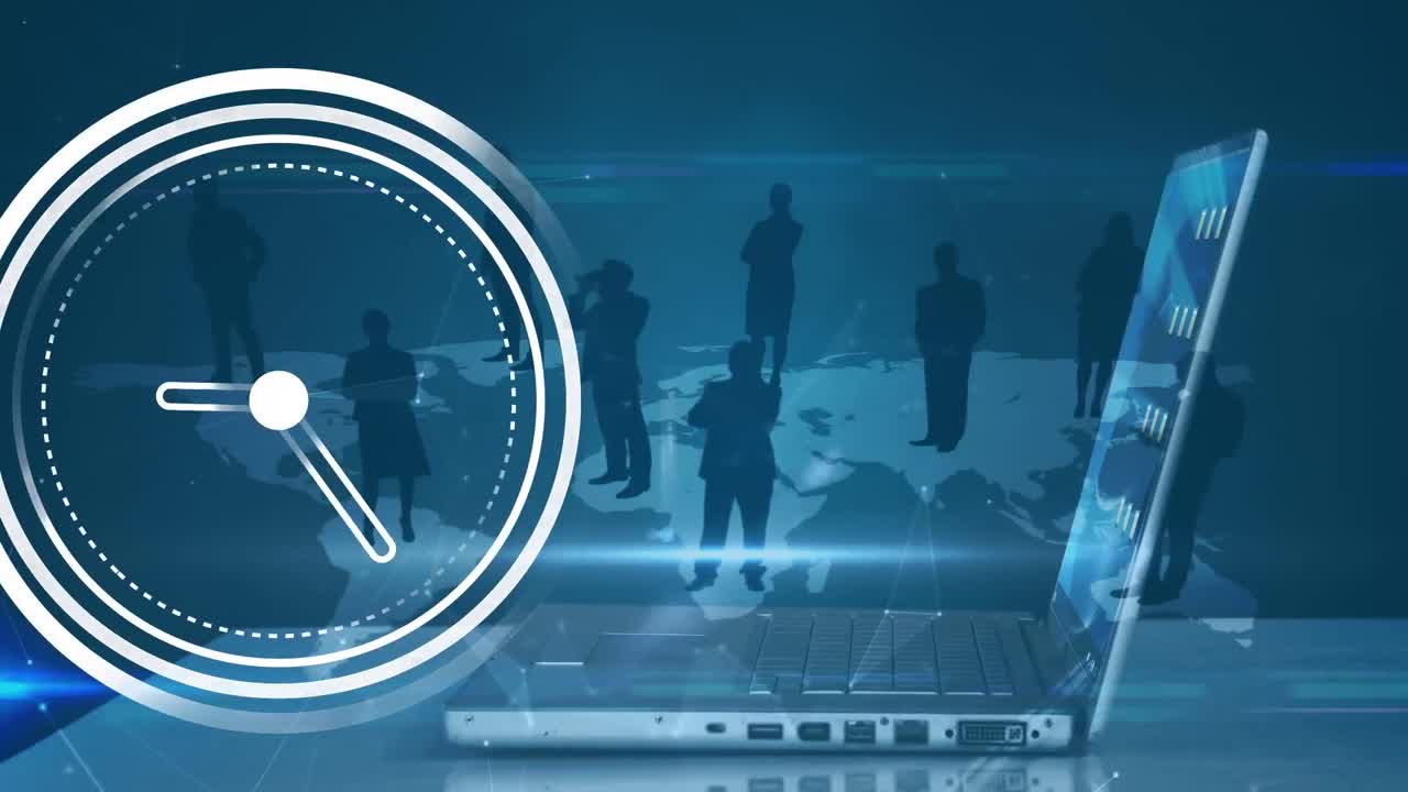 세계 지도를 통해 사업가들과 대결하는 노트북을 사용하는 사람에 대한 시계의 애니메이션