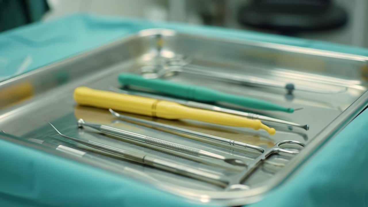 An Array of Dental Instruments Prepared for Use in a Clinical Setting, Showcasing Precision Tools for Oral Care and Treatment Procedures in a Sterile Environment
