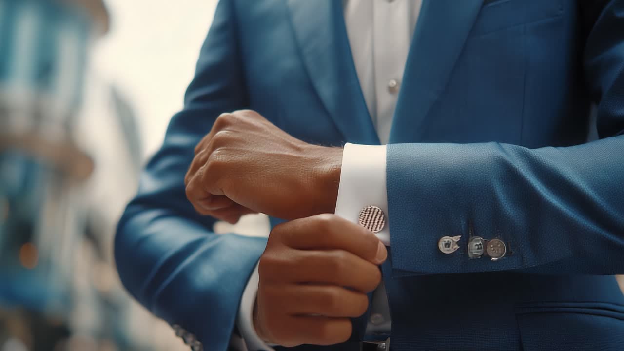 A Stylish Man Perfecting His Look in a Tailored Suit, Adjusting Cufflinks in Preparation for a Special Event, Emphasizing Elegance and Attention to Detail
