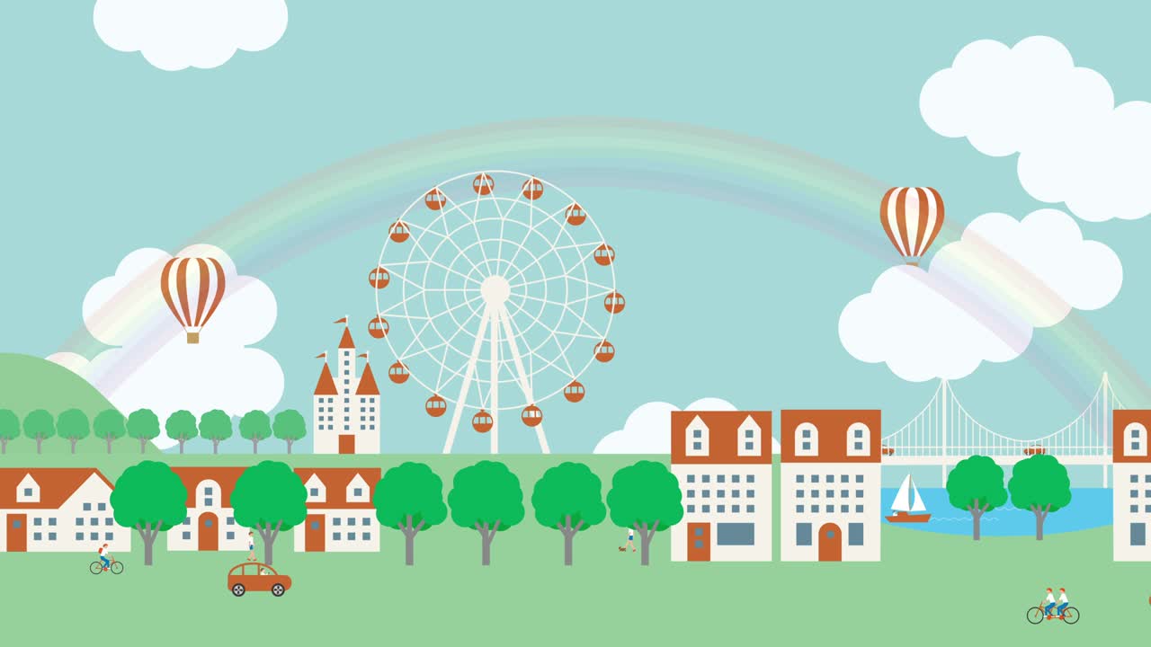 A landscape with a rainbow sky and a Ferris wheel. Homes and residents. Video material