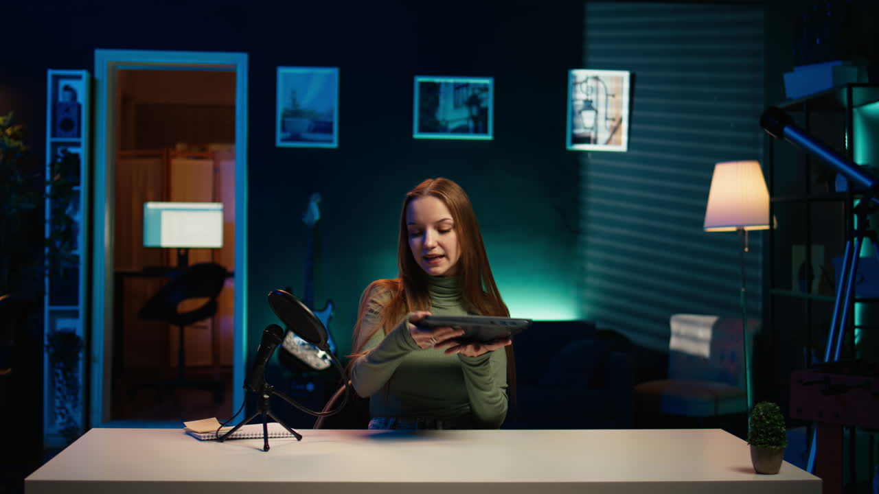 chica presentando un portátil elegante de un video de patrocinio de la marca