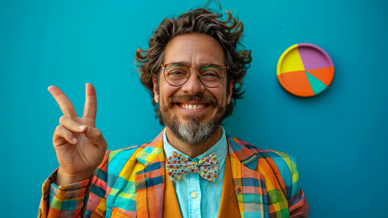 Brightly dressed man giving a peace sign. A man in a colorful suit smiles widely while flashing a peace sign against a vibrant blue wall