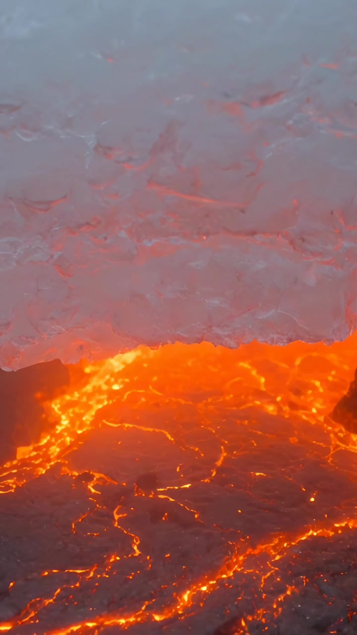 Video verticale: Lava pulsante che si sposta sotto una crosta pallida all'apertura di una bocca vulcanica, con calore che sale e fessure.