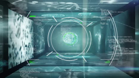 Animation-of-human-brain,-scope-scanning-with-data-processing-over-screens