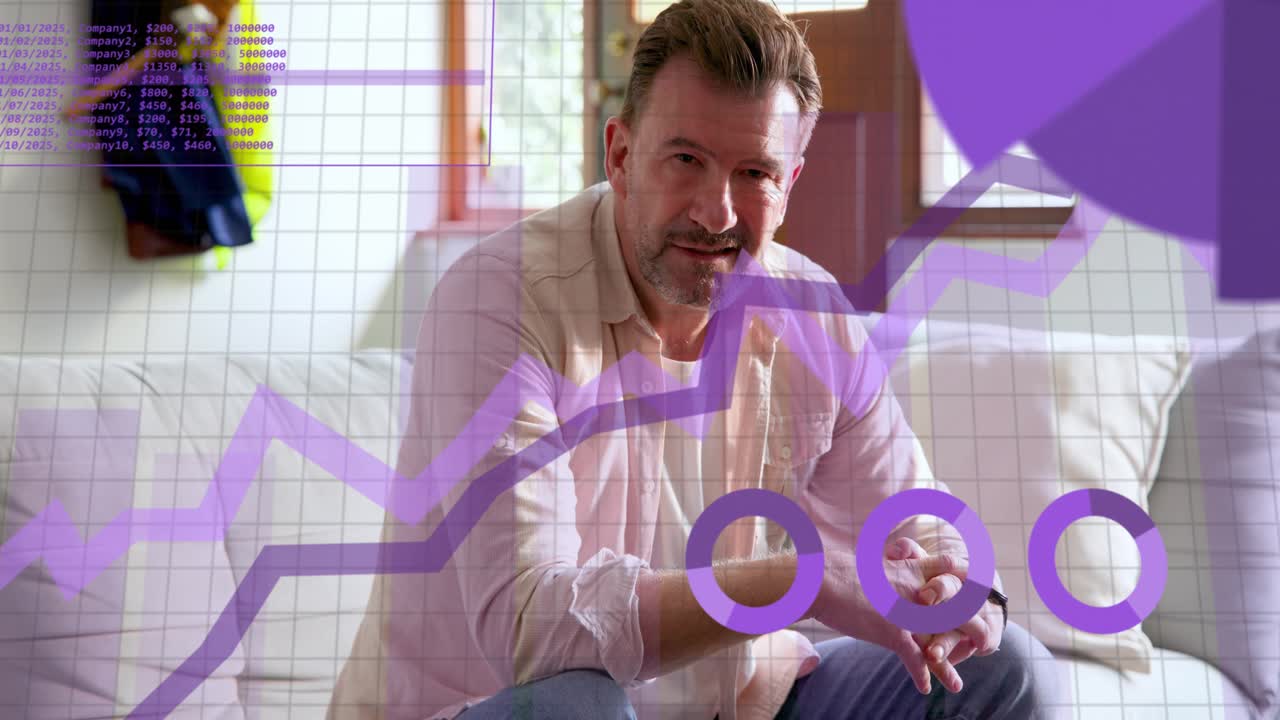 Man shifting on couch and clasping hands, initiating animated purple charts analysing tech data