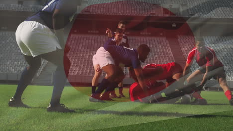 playing rugby on field, athletes in action with stadium seats behind
