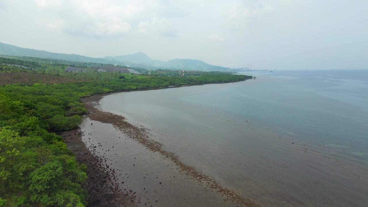 Spiaggia di Tampora, Besuki, Indonesia. Costa rocciosa e giungla. Ripresa con drone in 4K a 60FPS