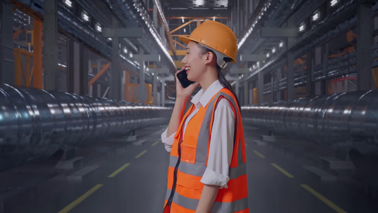 Side View Of Asian Female Engineer With Safety Helmet Talking On Smartphone While Standing With Metal Pipes