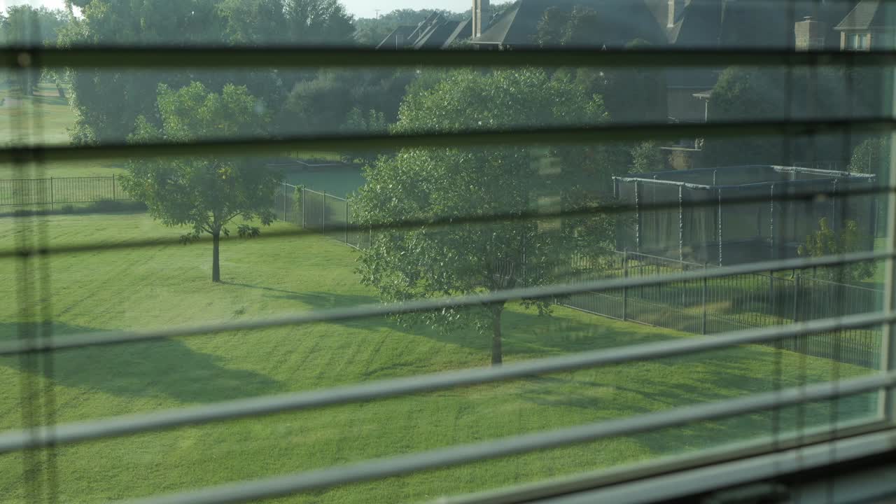 View through window blinds showing a sunlit backyard with green grass, trees, and a trampoline, with soft morning light and shadows across the lawn