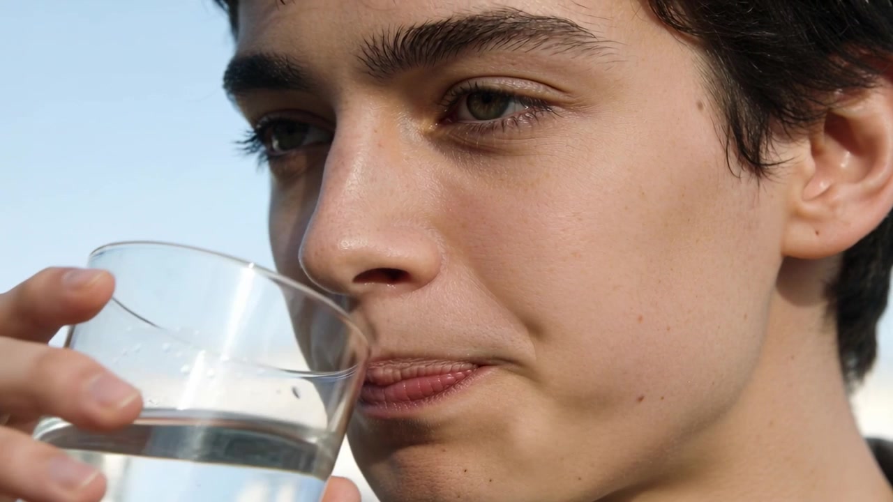 Tilting teen male holding clear glass with right hand, sipping water under pale sky, thirst driving