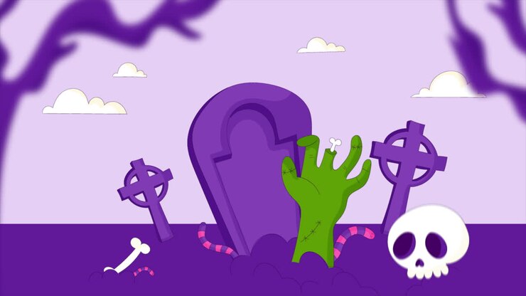 cimitero di halloween con una mano di zombie.