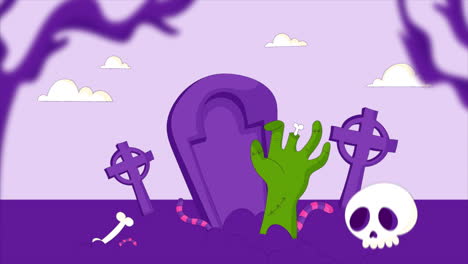 cementerio de halloween con una mano de zombi