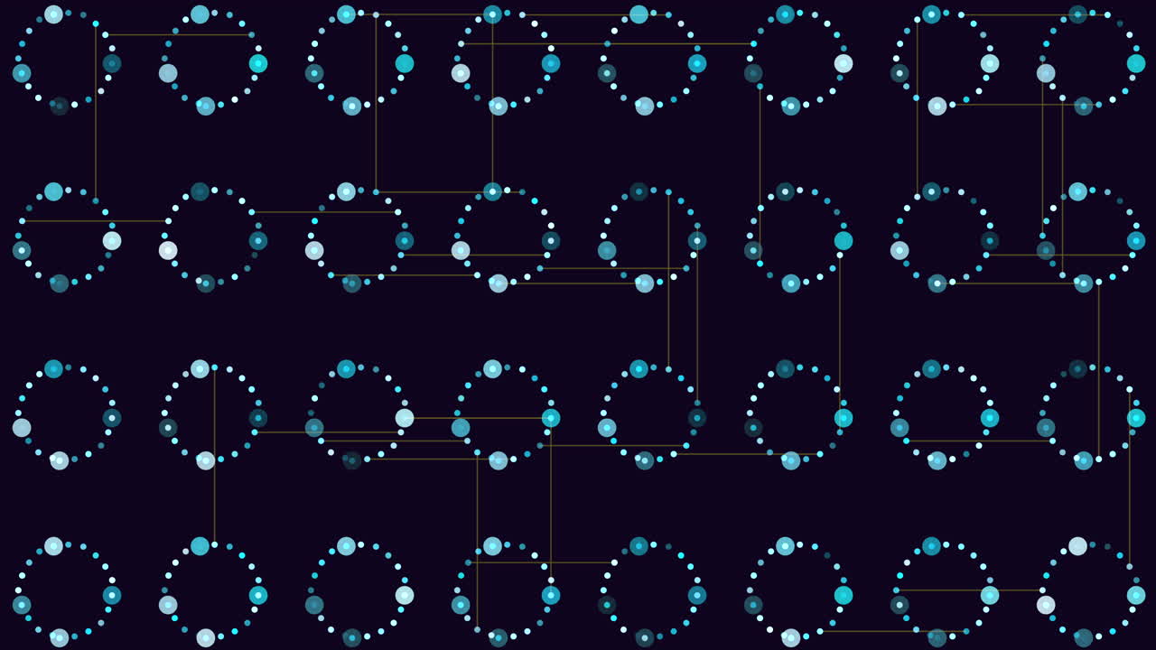 A symmetrical arrangement of purple circles forming a circular pattern on a black background. The circles overlap and are evenly distributed around the center