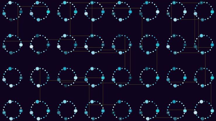 A symmetrical arrangement of purple circles forming a circular pattern on a black background. The circles overlap and are evenly distributed around the center
