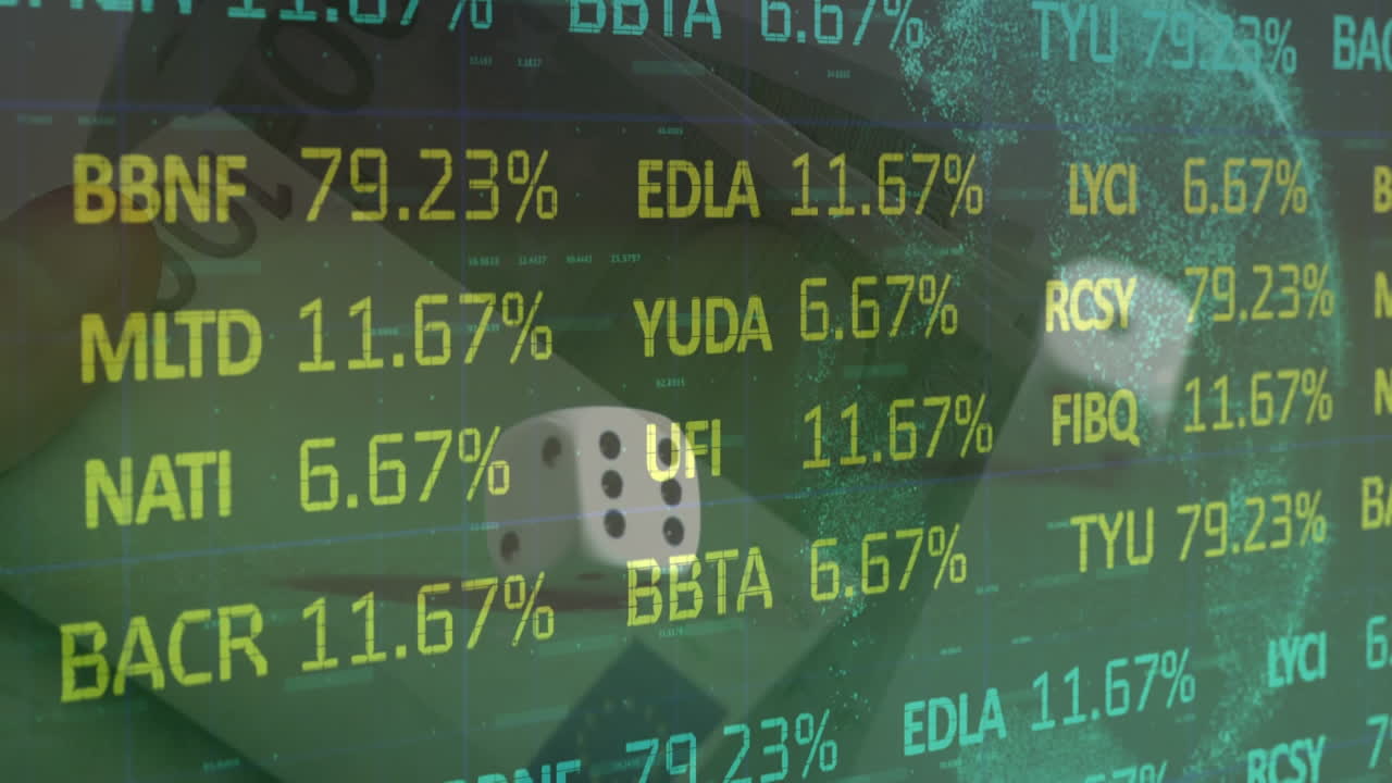 두 개의 주사위와 녹색 배경의 유로 통화 지폐에 대한 금융 데이터 처리 애니메이션