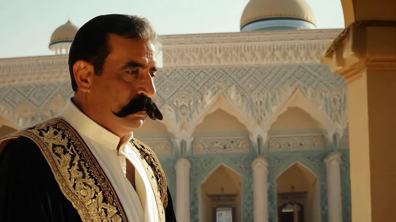 hombre con ropa tradicional con bigote mirando hacia abajo