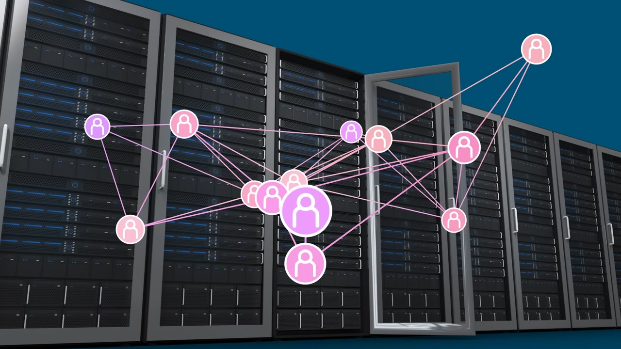 Animation of network of connections with people icons over servers