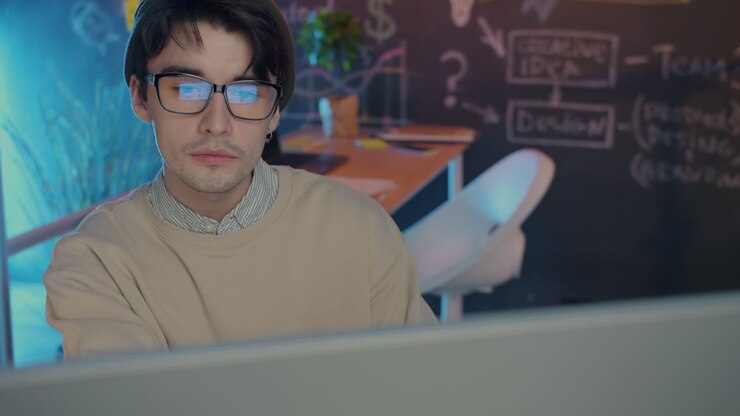 Jonge man concentreert zich op computerwerk