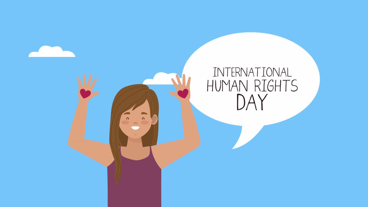 human rights awareness animation with lady and speech bubble