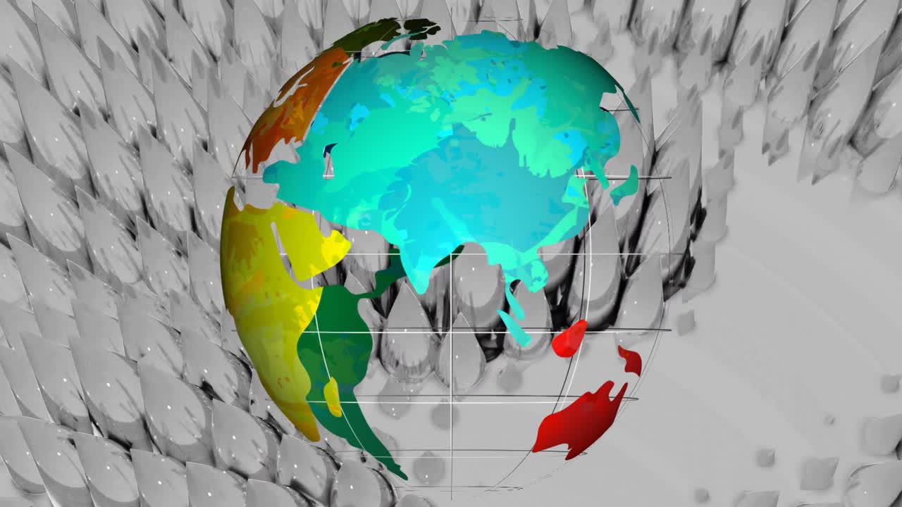 animación de un globo colorido que gira con un fondo caleidoscópico gris en 3d