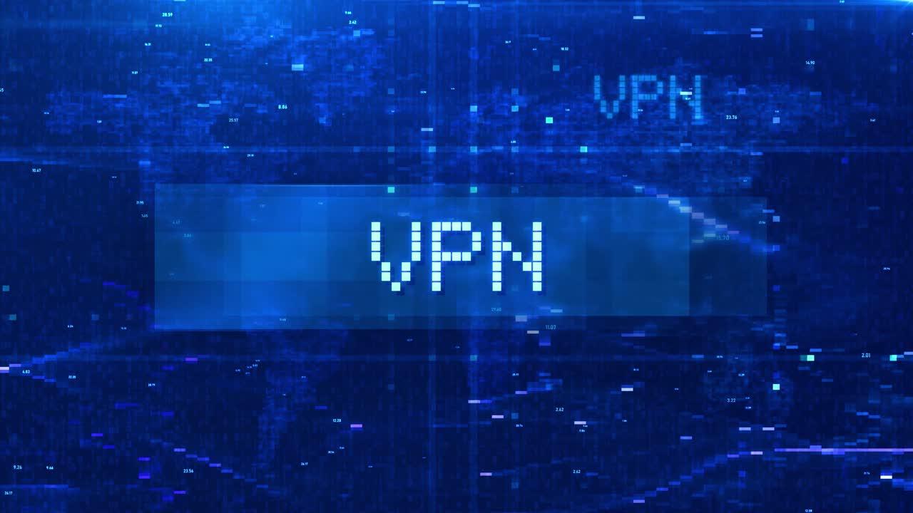 VPN Digital Text Animation over Futuristic World Map and HUD Effects
