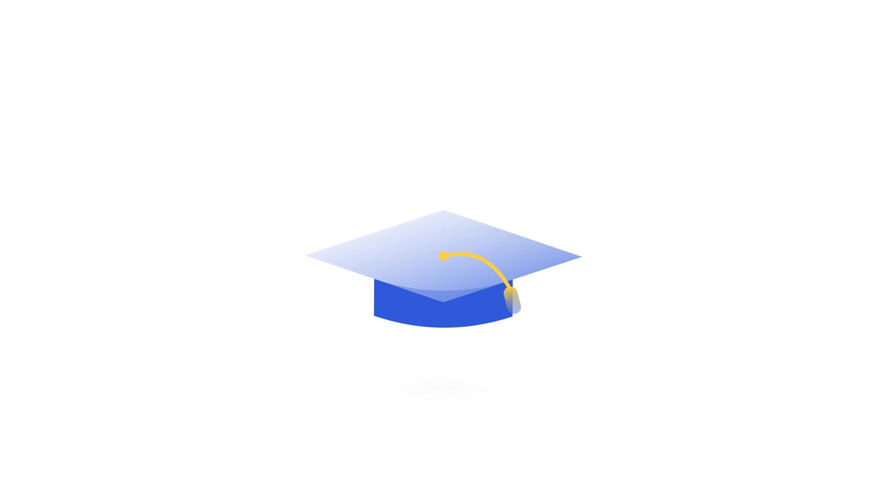 Tocco di laurea animato che fluttua su sfondo bianco.