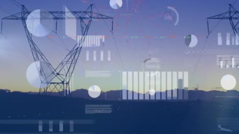 Animation-of-data-processing-and-fireworks-over-electricity-pylons-and-landscape