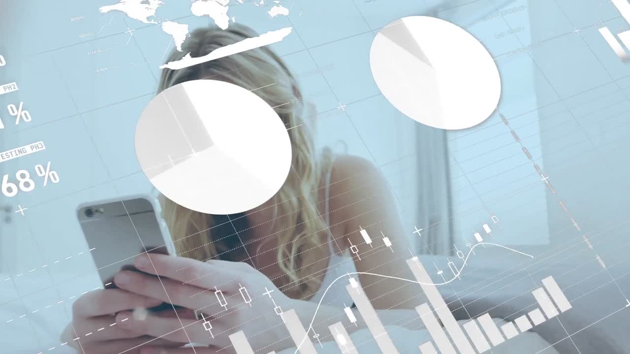 집에서 침대에 누워있는 스마트 폰을 사용하는 백인 여성에 대한 통계 데이터 처리 애니메이션