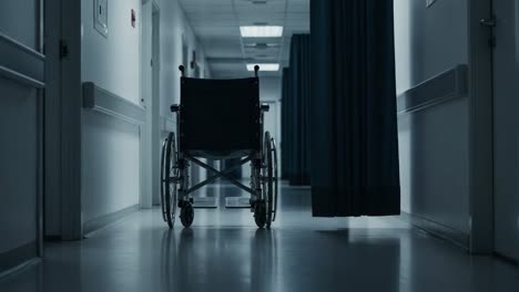 a solitary wheelchair in a dimly lit hospital corridor signifies moments of waiting and uncertainty, evoking a sense of stillness during a challenging journey in healthcare